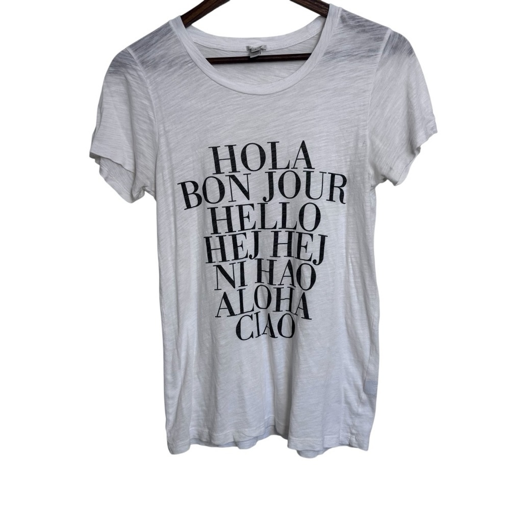 J. Crew Hello, Hola, Ciao Graphic White Woman’s Tee Shirt Size Small
